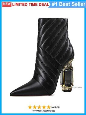 Sparkly Crystal Block High Heel Pointed Toe Ankle Boot Side Zipper, Synthetic